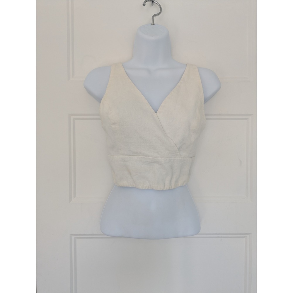 Cotton Candy LA Cream Cotton Linen Blend Smocked V-Neck Crop Top Small